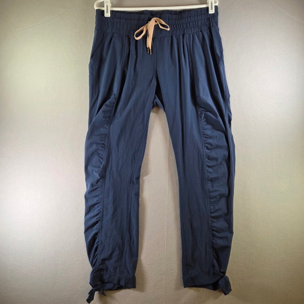 Prana Bindu Pants Womens Medium‎ Navy Blue Ruched Side Tie Cuff Joggers Gorpcore